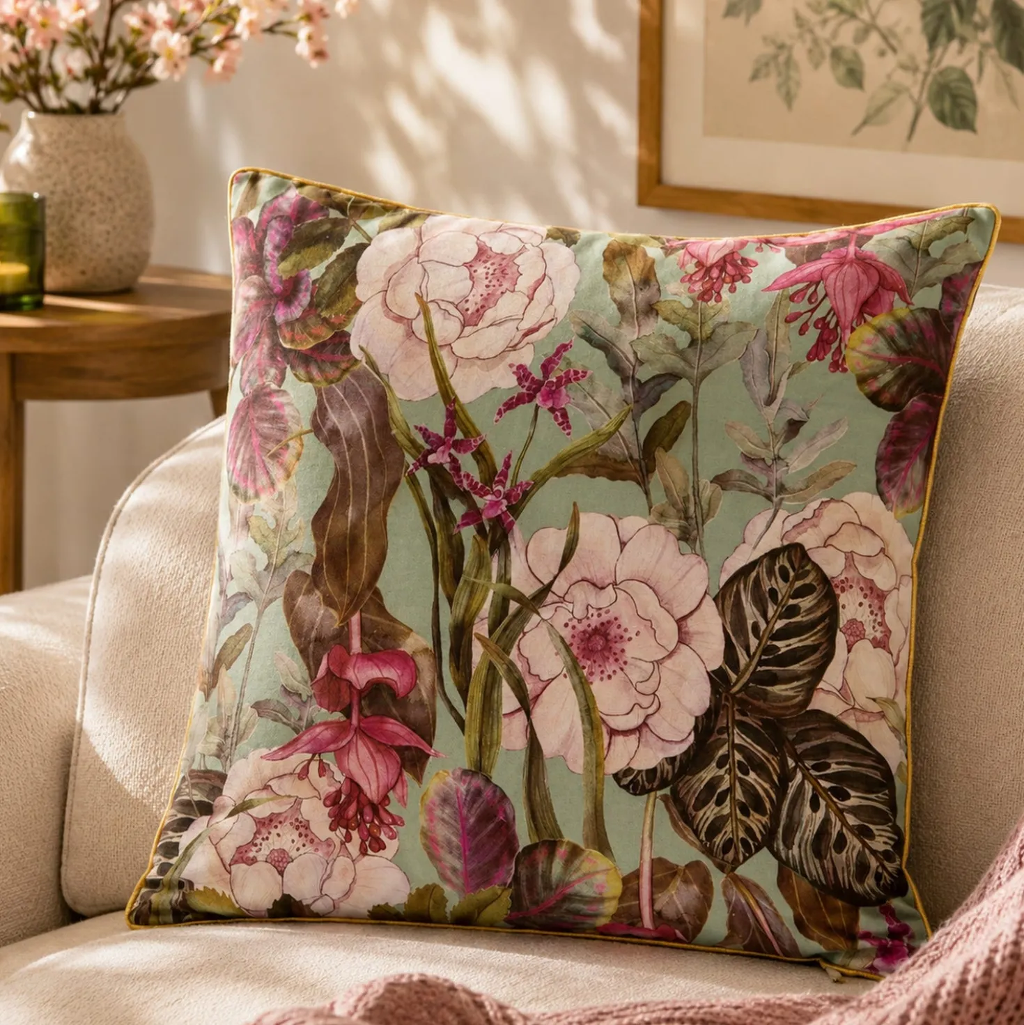 Cuscino divano 45x45 cm fiori rosa