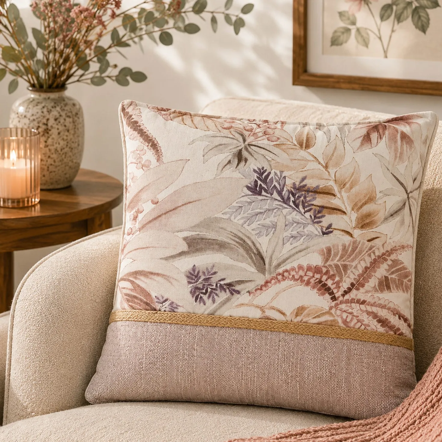 Cuscino divano 45x45 cm foglie beige