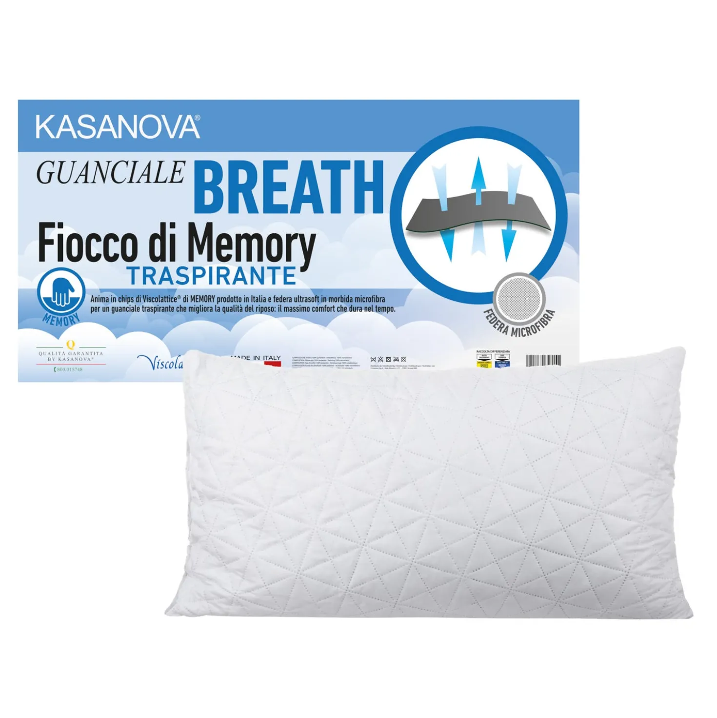 Guanciale Breath traspirante fiocco Memory, 45x75 cm