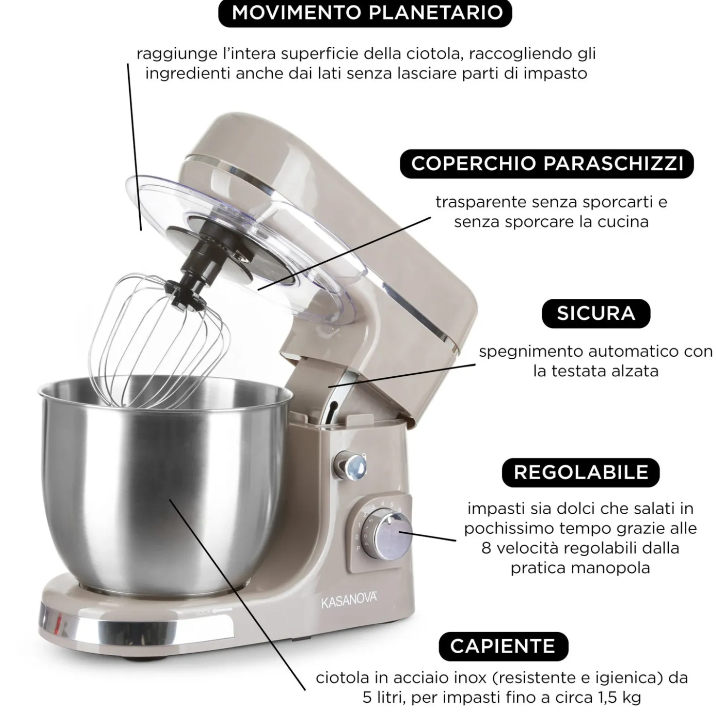 Impastatrice planetaria 5 L 1300 W tortora