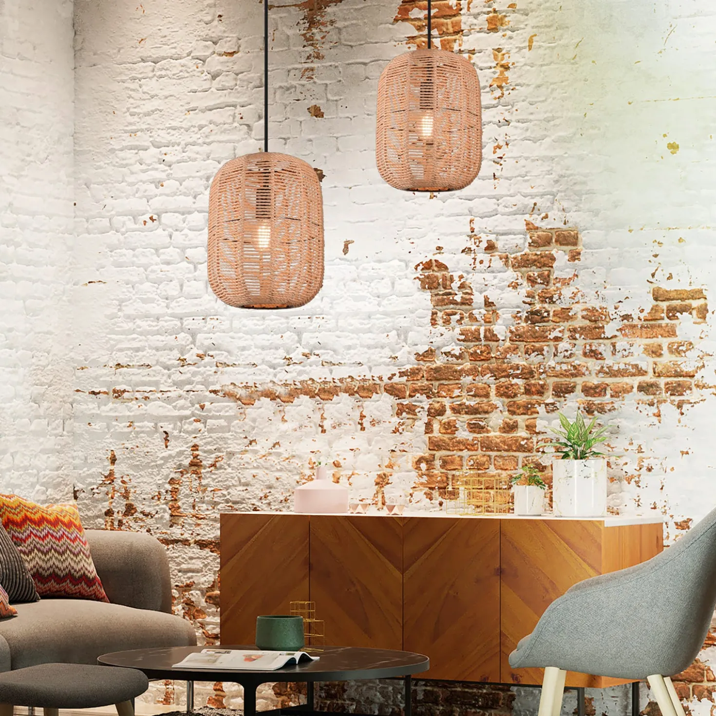 Lampadario in sisal naturale Runa Trio
