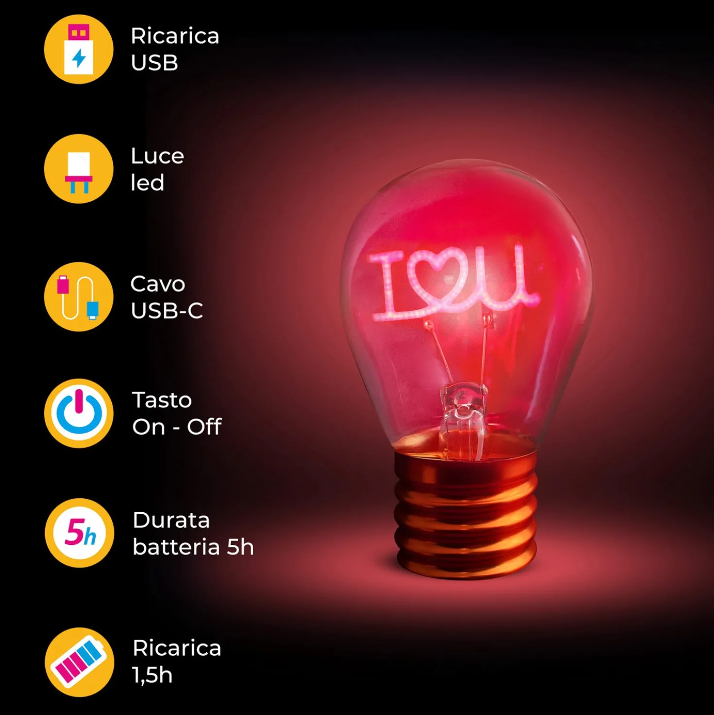 Lampadina decorativa led I love you ricaricabile