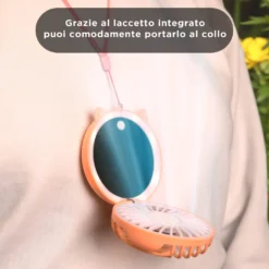 Mini ventilatore da collo con specchio e led arancione