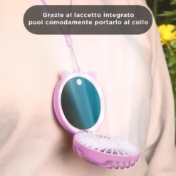 Mini ventilatore da collo con specchio e led viola