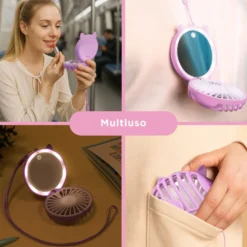 Mini ventilatore da collo con specchio e led viola