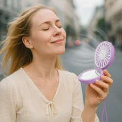 Mini ventilatore da collo con specchio e led viola