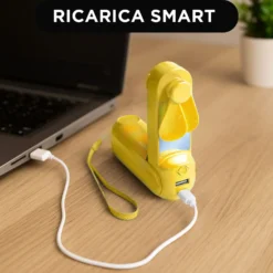 Miniventilatore giallo con specchio, power bank e torcia