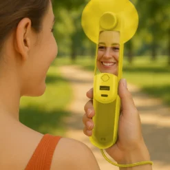Miniventilatore giallo con specchio, power bank e torcia