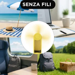Miniventilatore giallo con specchio, power bank e torcia