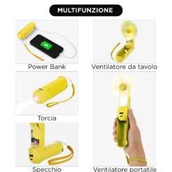 Miniventilatore giallo con specchio, power bank e torcia