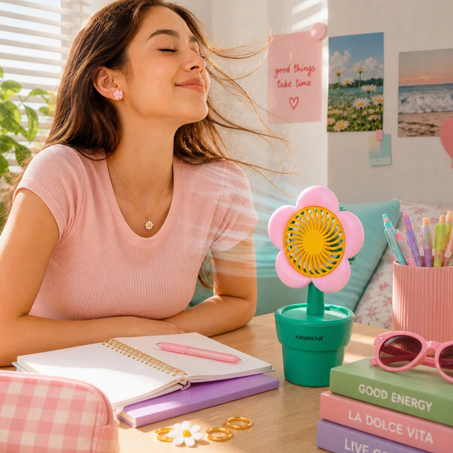 Mini ventilatore senza fili fiore rosa
