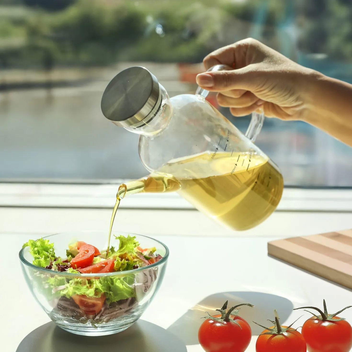 Oliera 500 ml in vetro borosilicato e tappo in acciaio inox