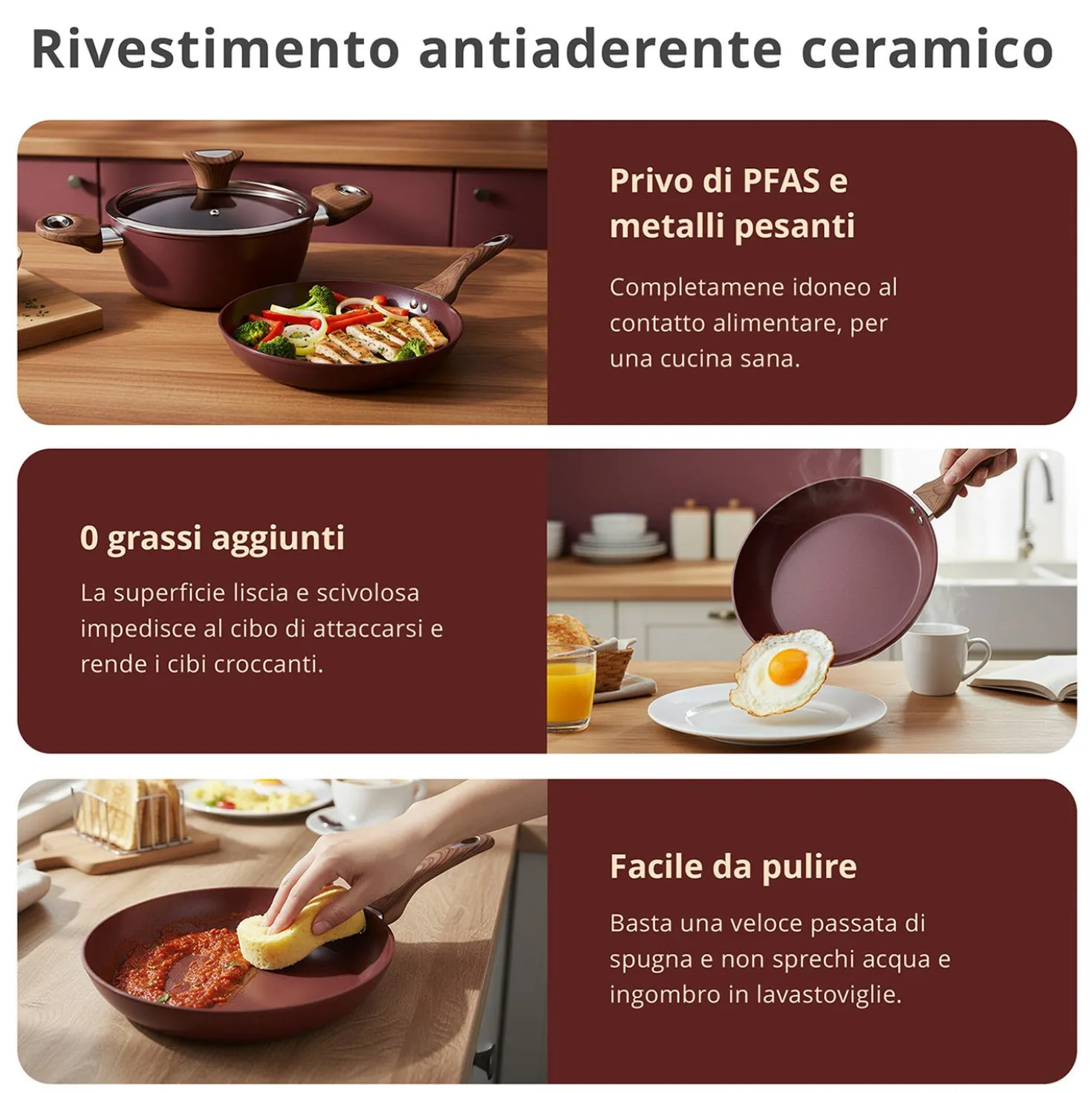 Padella 28 cm in ceramica burgundy New Ceramic