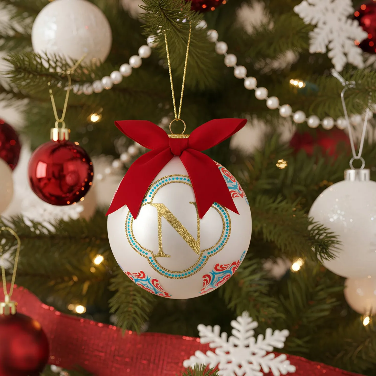 Pallina Natale lettera N bianca 10 cm Royal Garden