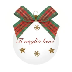 Pallina Natale Ti voglio bene 10 cm fiocco tartan rosso