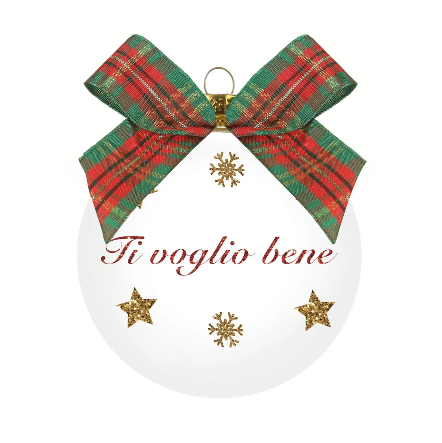 Pallina Natale Ti voglio bene 10 cm fiocco tartan rosso