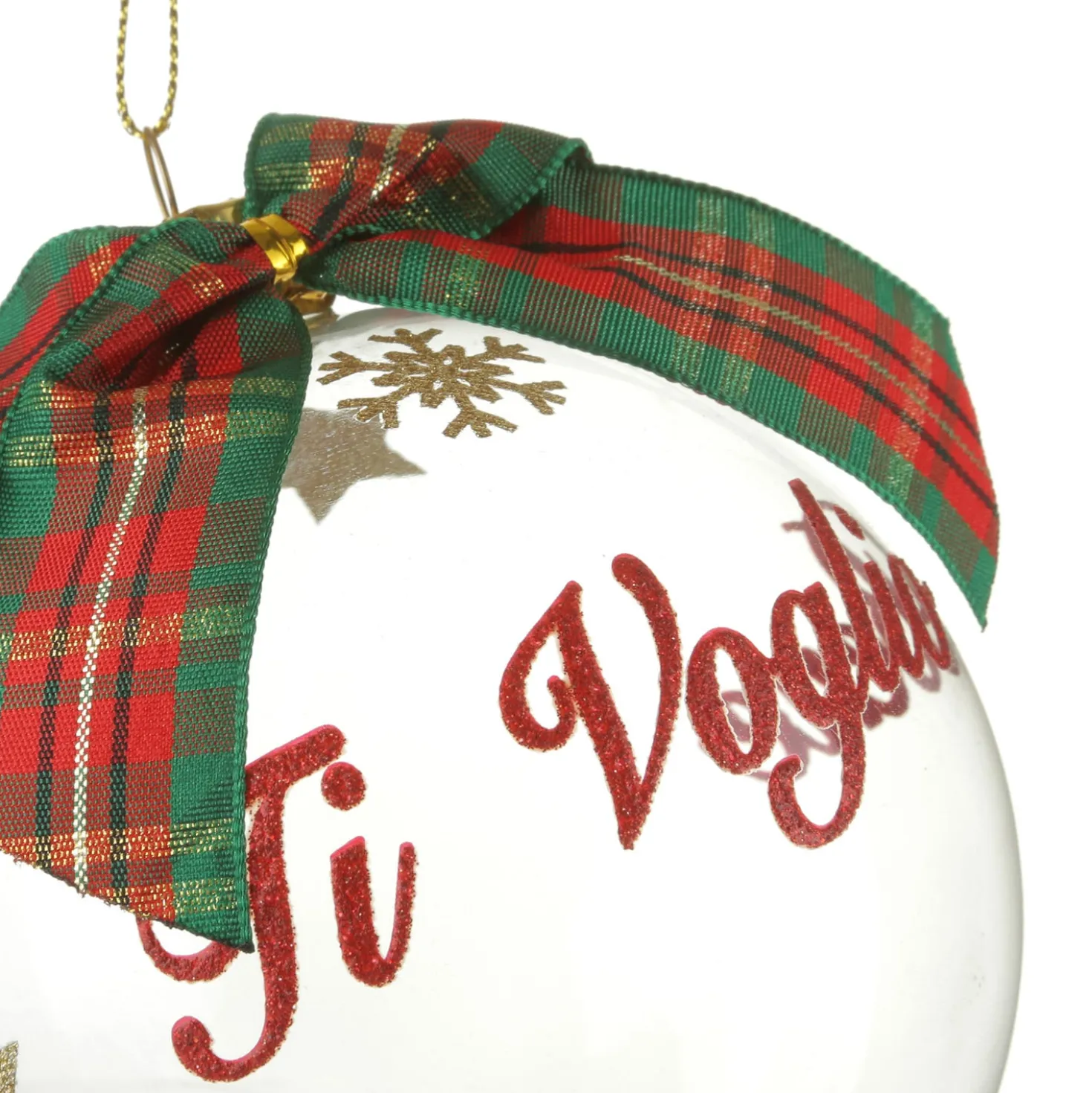 Pallina Natale Ti voglio bene 10 cm fiocco tartan rosso