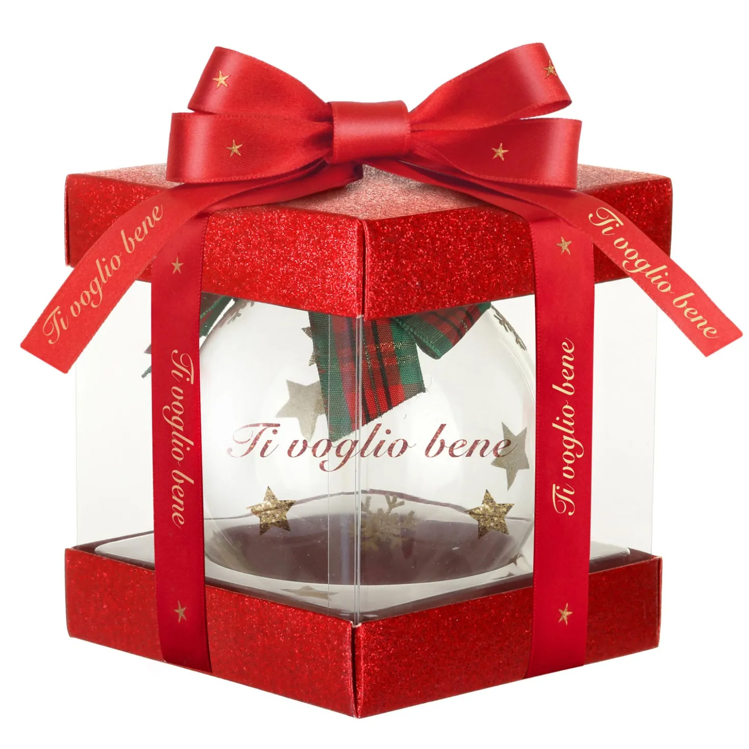 Pallina Natale Ti voglio bene 10 cm fiocco tartan rosso