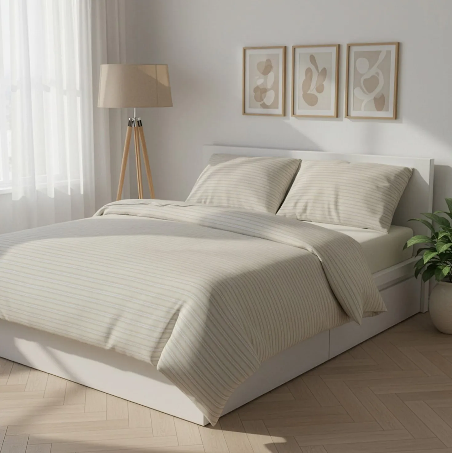 Parure copripiumino matrimoniale cotone righe beige
