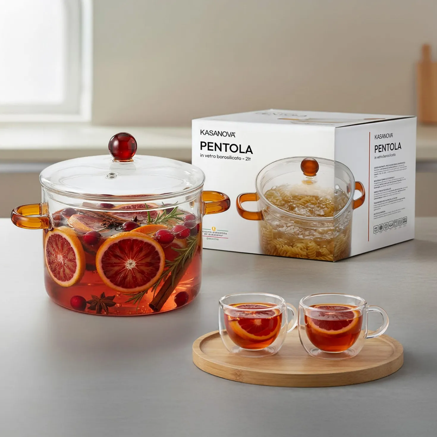 Pentola 2 L vetro borosilicato con coperchio manici ambra