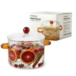 Pentola 2 L vetro borosilicato con coperchio manici ambra