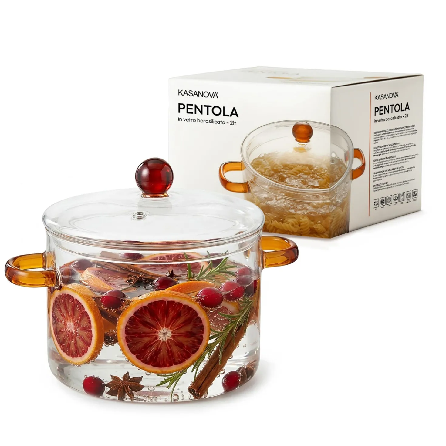 Pentola 2 L vetro borosilicato con coperchio manici ambra