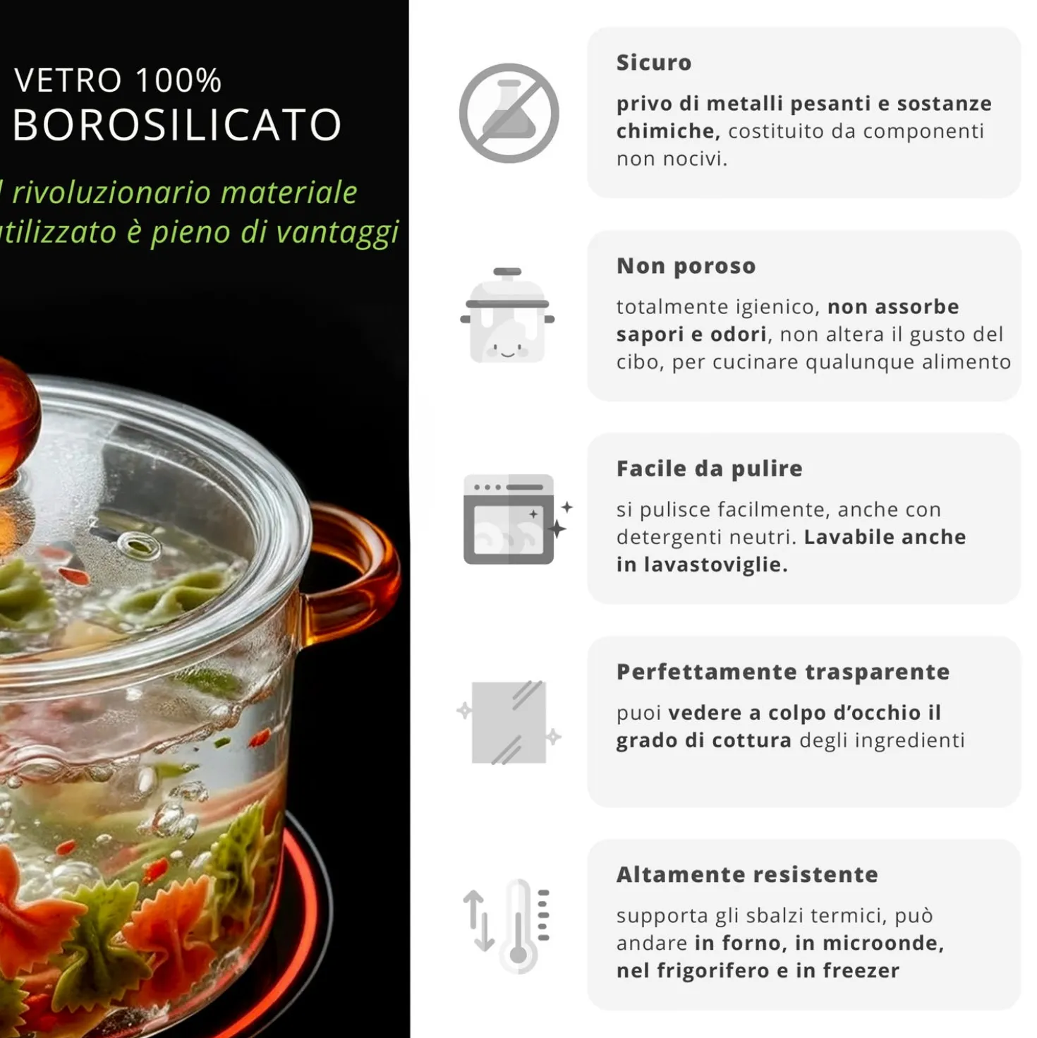 Pentola 2 L vetro borosilicato con coperchio manici ambra