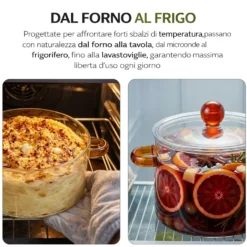 Pentola 1,5 L vetro borosilicato con coperchio manici ambra