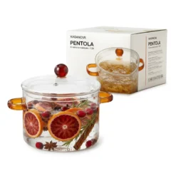 Pentola 1,5 L vetro borosilicato con coperchio manici ambra