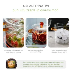 Pentola 2,5 L vetro borosilicato con coperchio manici ambra
