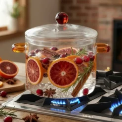 Pentola 2,5 L vetro borosilicato con coperchio manici ambra