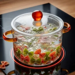 Pentola 2,5 L vetro borosilicato con coperchio manici ambra
