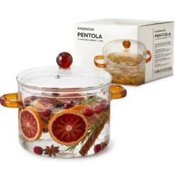 Pentola 2,5 L vetro borosilicato con coperchio manici ambra