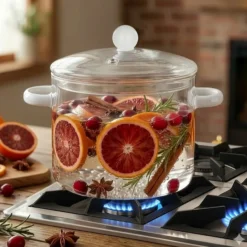 Pentola 2 L vetro borosilicato con coperchio manici bianchi