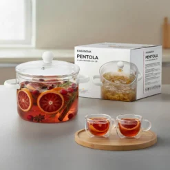 Pentola 2 L vetro borosilicato con coperchio manici bianchi