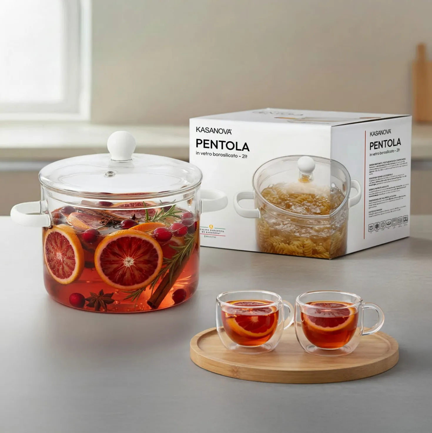 Pentola 2 L vetro borosilicato con coperchio manici bianchi