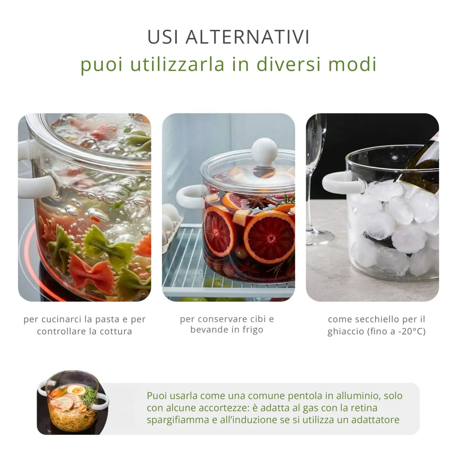 Pentola 2 L vetro borosilicato con coperchio manici bianchi