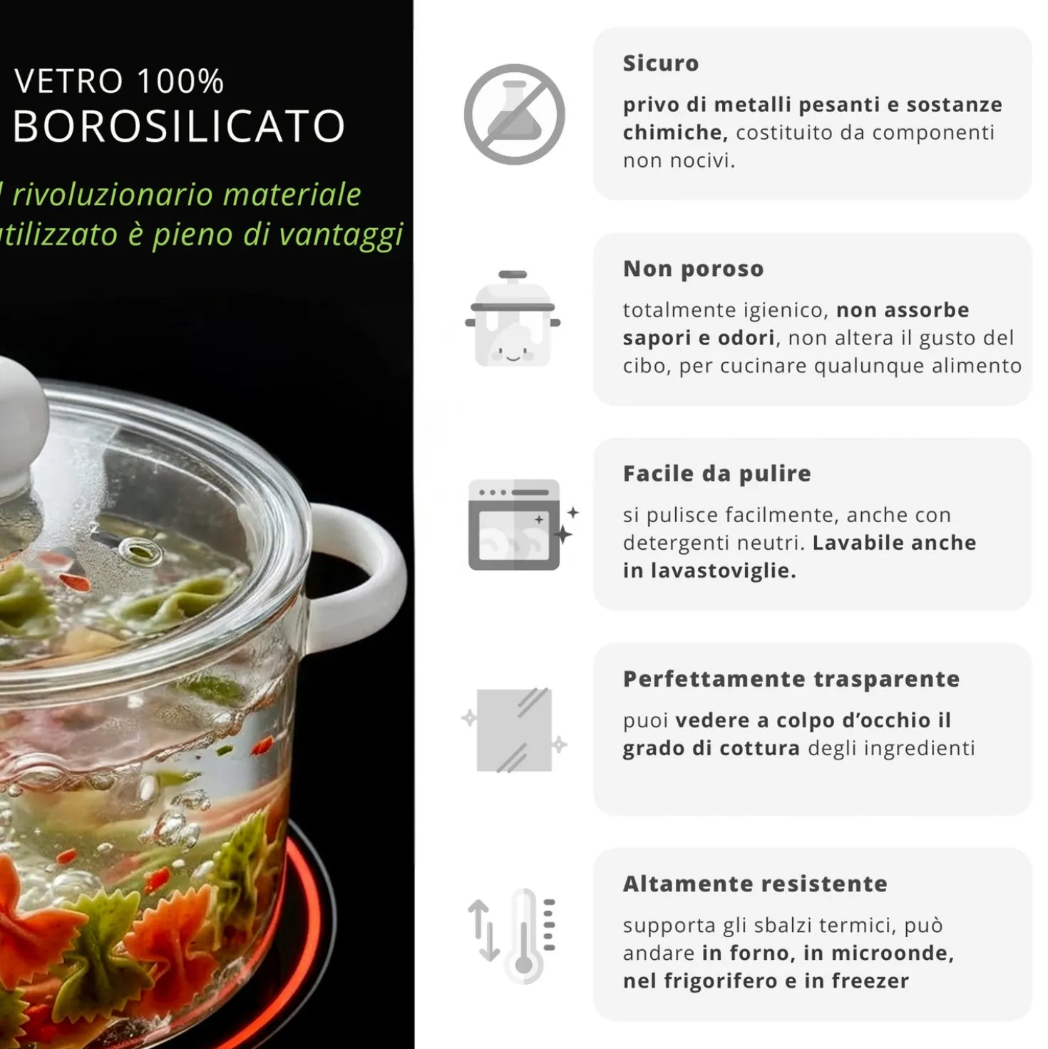 Pentola 2 L vetro borosilicato con coperchio manici bianchi