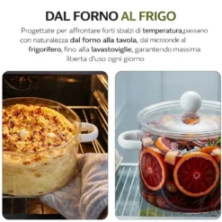 Pentola 2 L vetro borosilicato con coperchio manici bianchi