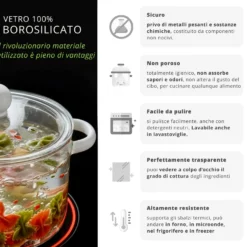 Pentola 2,5 L vetro borosilicato con coperchio manici bianchi