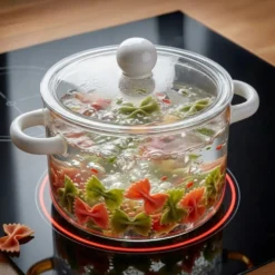Pentola 1,5 L vetro borosilicato con coperchio manici bianchi