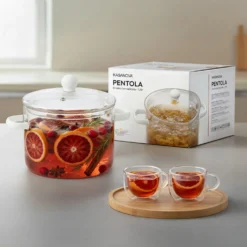 Pentola 1,5 L vetro borosilicato con coperchio manici bianchi