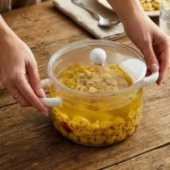 Pentola 1,5 L vetro borosilicato con coperchio manici bianchi