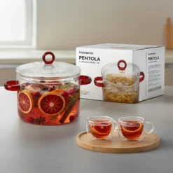 Pentola 2 L vetro borosilicato con coperchio manici rossi
