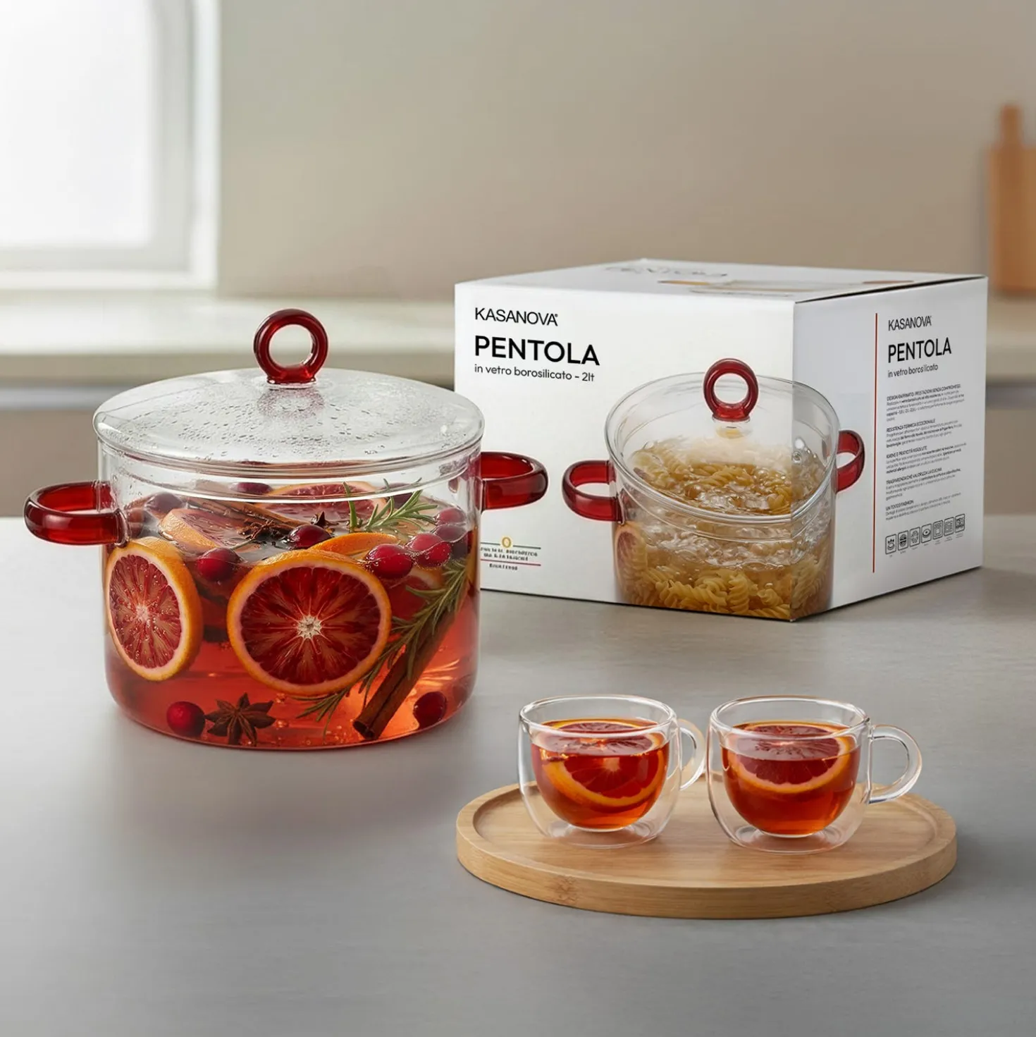 Pentola 2 L vetro borosilicato con coperchio manici rossi
