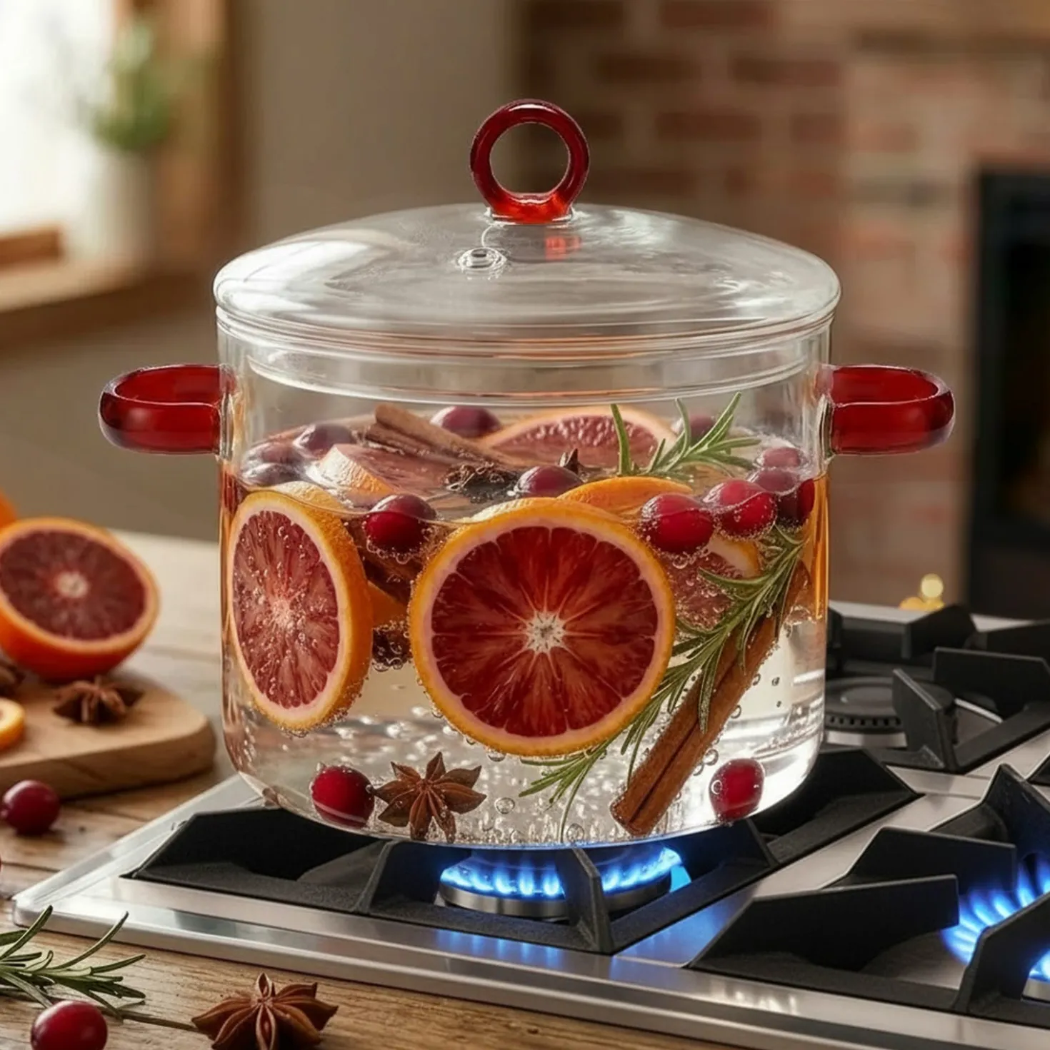 Pentola 2 L vetro borosilicato con coperchio manici rossi