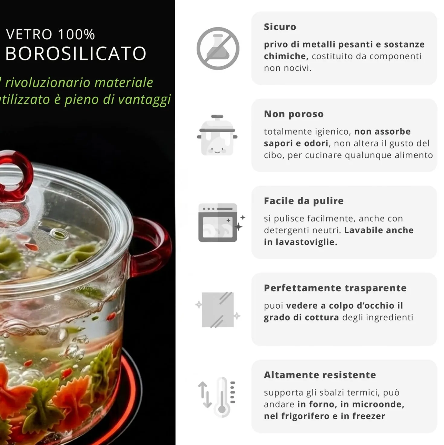 Pentola 2 L vetro borosilicato con coperchio manici rossi
