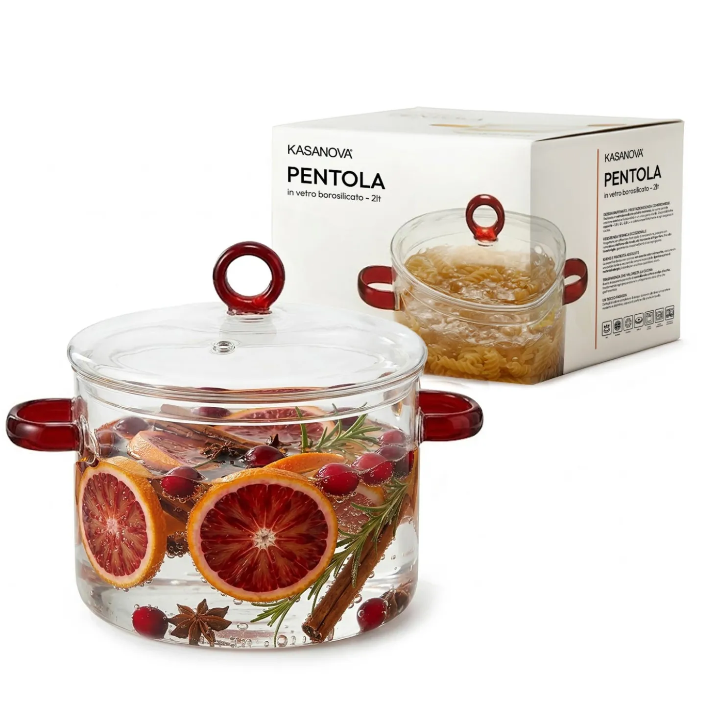 Pentola 2 L vetro borosilicato con coperchio manici rossi