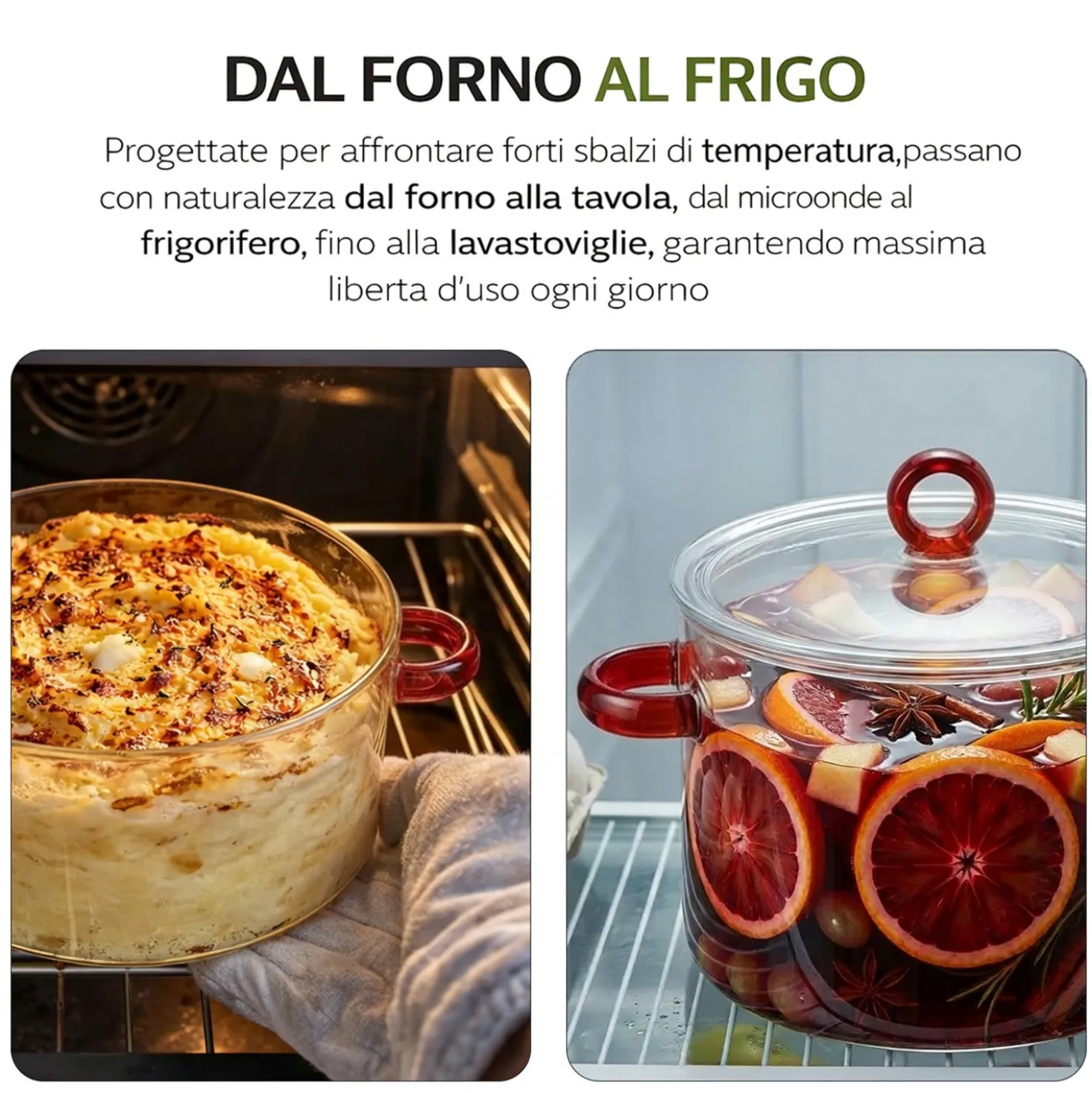 Pentola 2 L vetro borosilicato con coperchio manici rossi