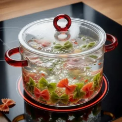 Pentola 1,5 L vetro borosilicato con coperchio manici rossi